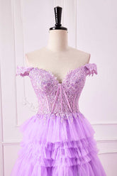 A-Line Off the Shoulder Lavender Corset Ruffle Tulle Prom Dress